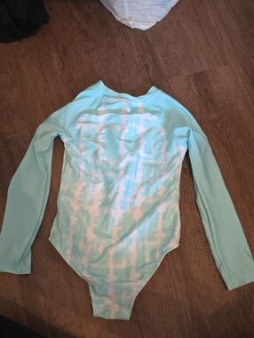 wonder nation Aqua and White Long Sleeve One-Piece Swimsuit